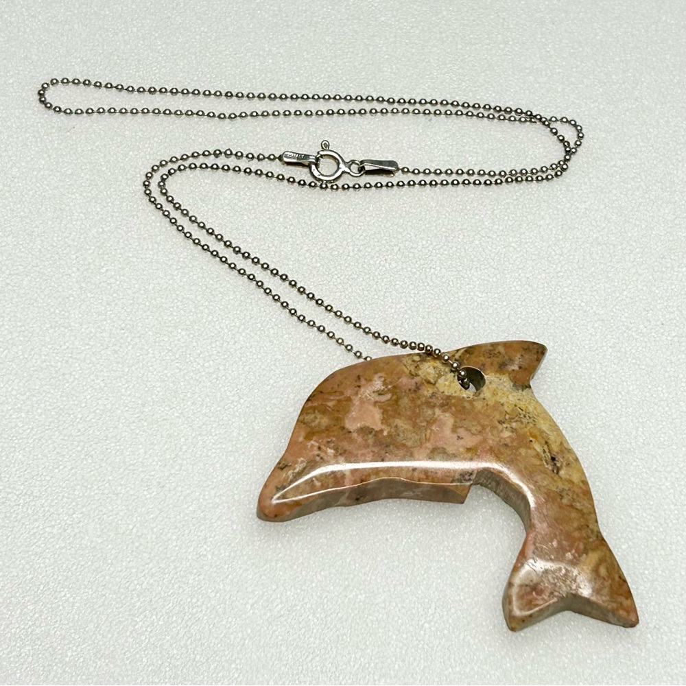 Carved Jasper Dolphin Pendant Necklace 16”